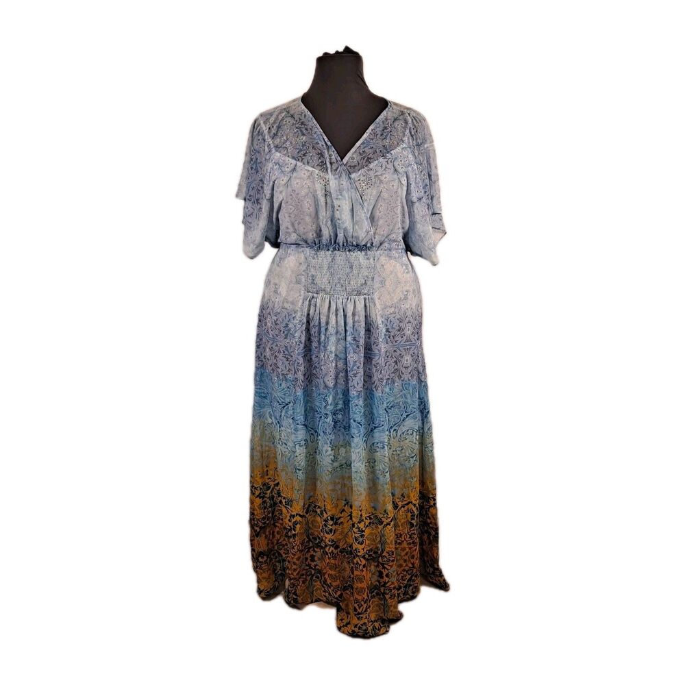 City Chic Women's Shanika Mirror Blue Maxi Dress Size 18 Floral Ombre Smocked
